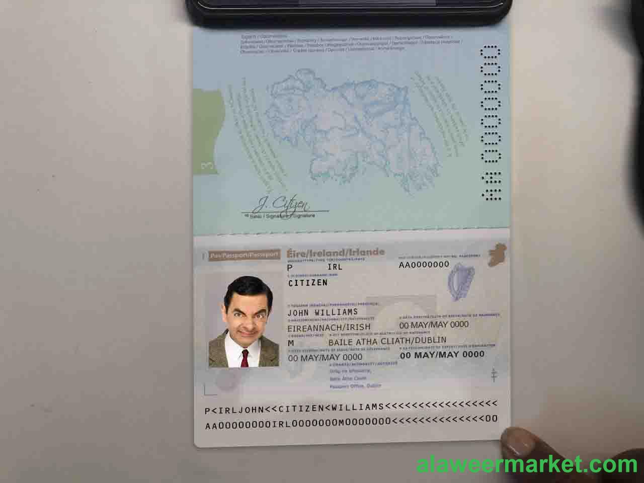 Ireland passport template in PSD format (+editable PSD photo look), fully editable, with all fonts
